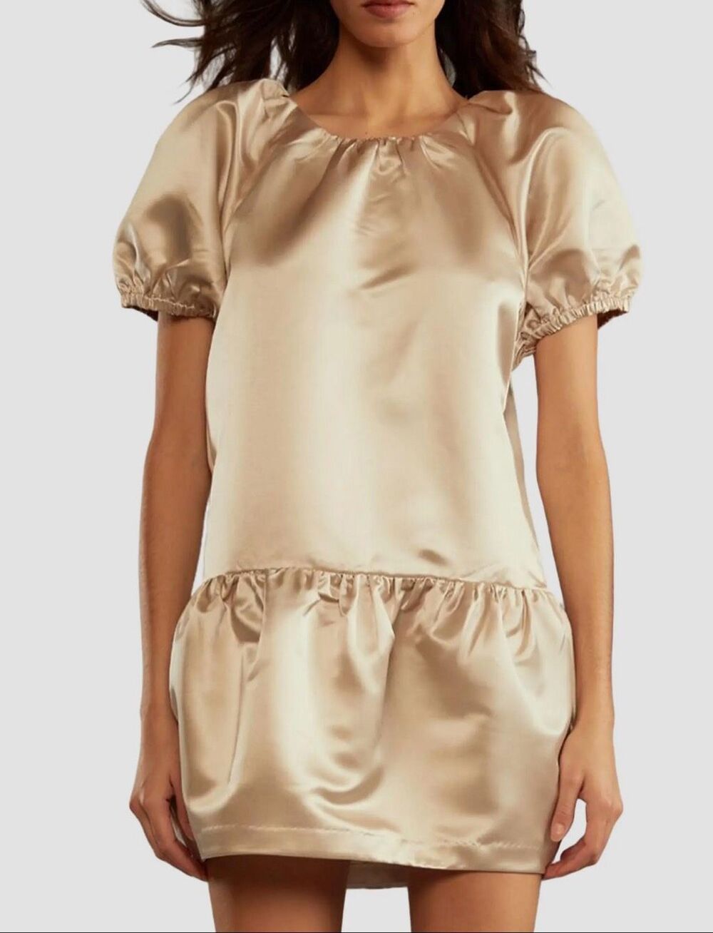 CYNTHIA ROWLEY Tulip Puff-Sleeve Satin Minidress in Champagne NWT Size Large
